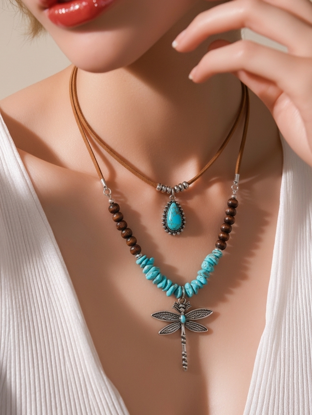 Boho Layered Turquoise Dragonfly Pendant Necklace Adjustable Faux Leather Chains